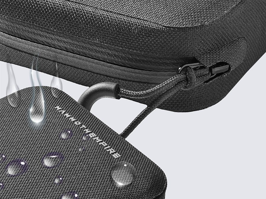 Rain beading on the TPU-coated shell of the Mammoth Empire cycling wallet
